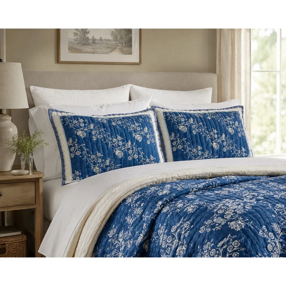 Pottery Barn Quilted Pillow Shams Standard Blue White Botanical Shabby Chic